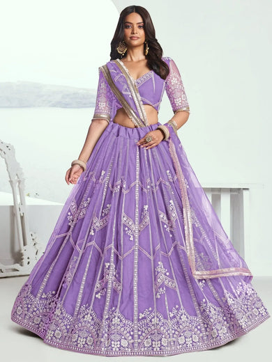 Alluring Lavender Thread Work Net Engagement Wear Lehenga Choli - Ethnic Plus In